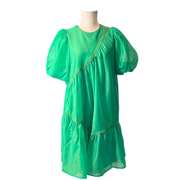 # A058  Nancy New York  Puff Sleeve Tiered Mini Dress  Green   Small  NWT - Picture 1 of 9